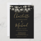 String Lights Zwart Goud Elegant Script Bruiloft Kaart (Voorkant)
