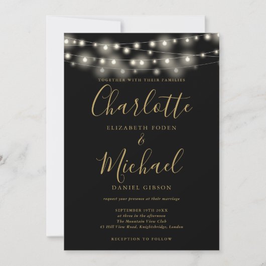 String Lights Zwart Goud Elegant Script Bruiloft Kaart (Voorkant)
