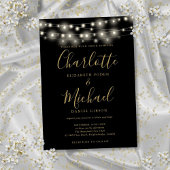 String Lights Zwart Goud Elegant Script Bruiloft Kaart