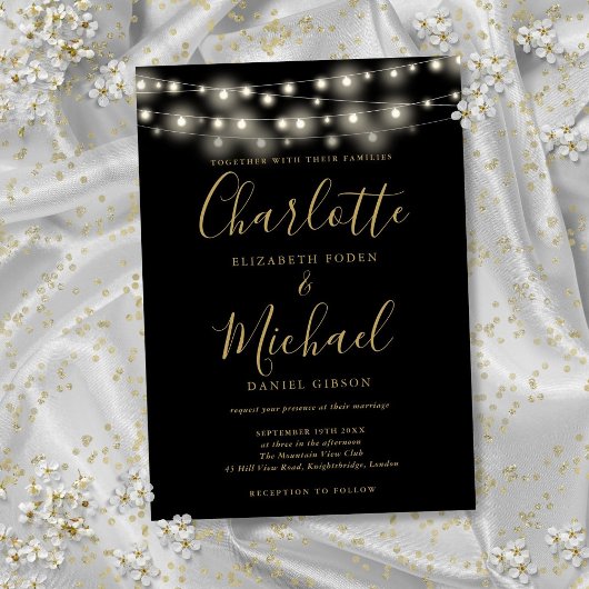 String Lights Zwart Goud Elegant Script Bruiloft Kaart