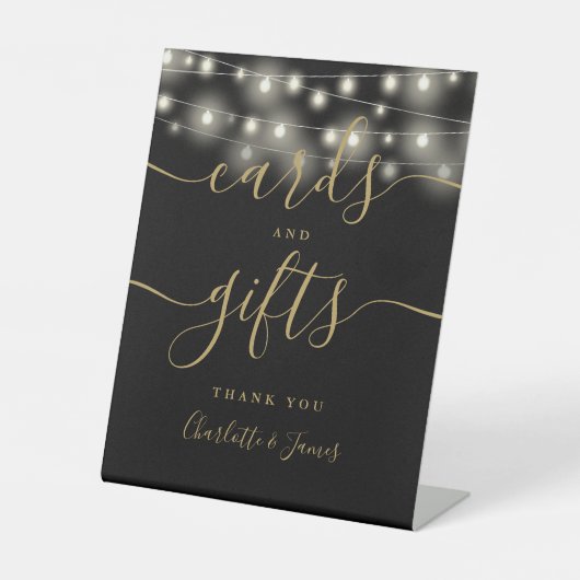 String Lights Zwart Goud Script Kaarten en geschen Reclamebord Met Voetstuk (Voorkant)