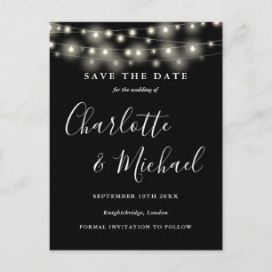 String Lights Zwart Wit Bruiloft Save the Date Briefkaart