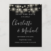 String Lights Zwart Wit Bruiloft Save the Date Briefkaart (Voorkant)