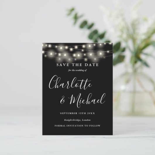 String Lights Zwart Wit Bruiloft Save the Date Briefkaart (Staand voorkant)