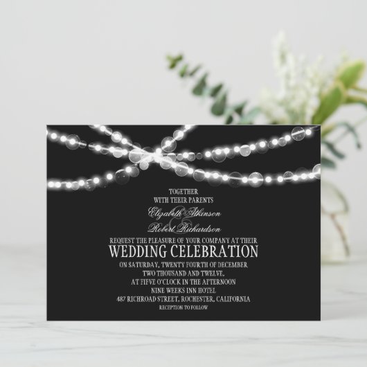 String Lights Zwarte bruiloft uitnodiging (Staand voorkant)