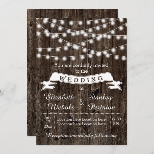 String van lichten op hout en banner zomer bruilof kaart (Voorkant / Achterkant)