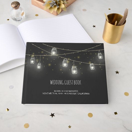 Strings van Mason Jars Fireflies Custom Bruiloft Gastenboek (Voorkant open)