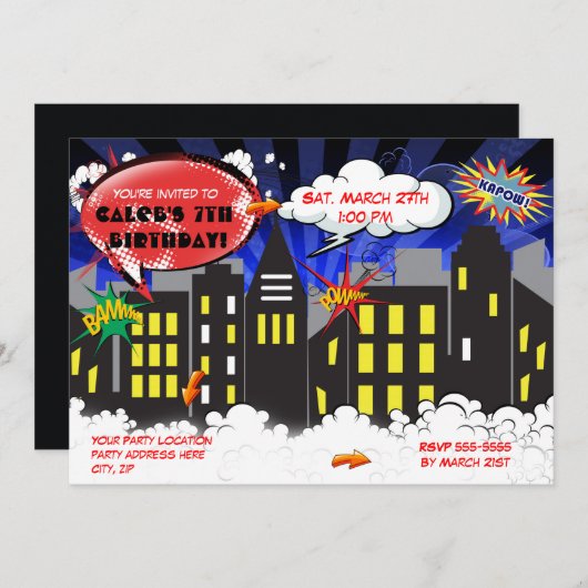 Stripboek Super Hero Verjaardagsfeestuitnodiging Kaart (Voorkant / Achterkant)
