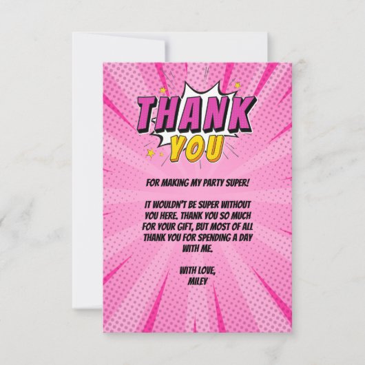 Stripboek Superheld Meisje Roze Verjaardag Dank u Bedankkaart (Voorkant)