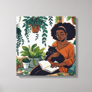 Stripboekstijl Vrouw, Kat en Boek Canvas Afdruk