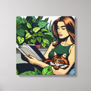 Stripboekstijl Vrouw, Kat en Boek Canvas Afdruk