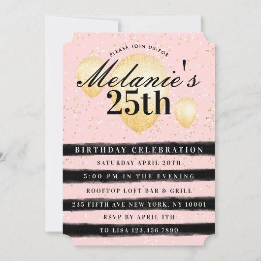 Stripe Black Pink Gold ballon - Uitnodiging van ve (Voorkant)