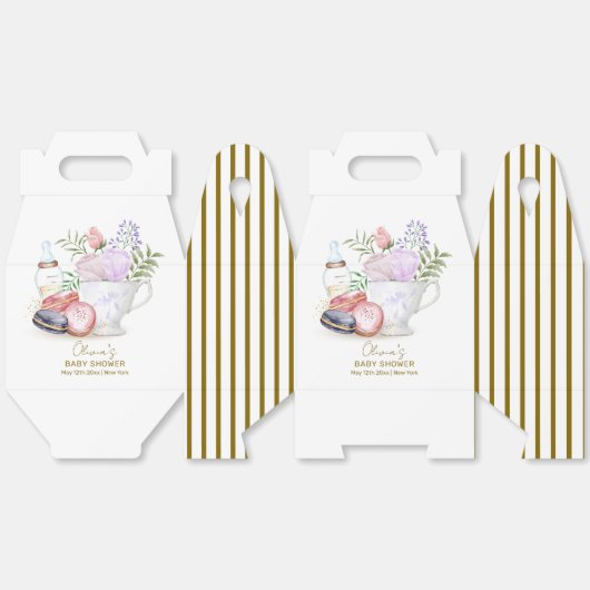 Stripe Bonjour Floral Macarons Tea Baby shower Bedankdoosjes (Ongevouwen)