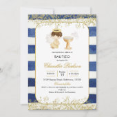 Stripe Navy Blue en Gold Boy Baptism Invitation Kaart (Voorkant)