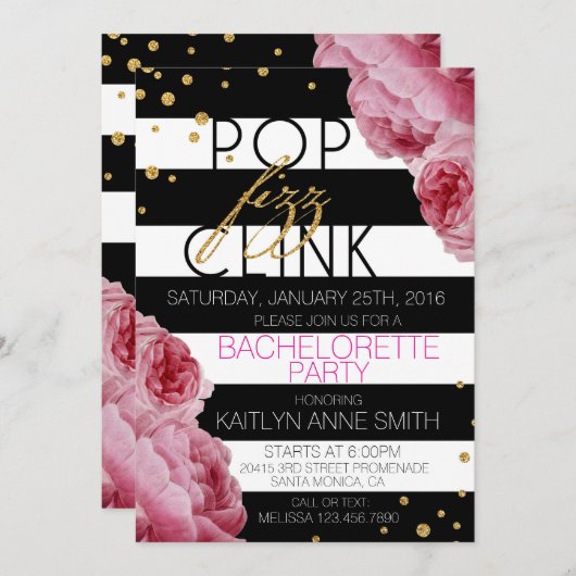 Stripe Rozen en Glitter Stippen Bachelorette Party Kaart (Voorkant / Achterkant)