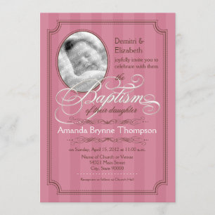 Striped Baptism Invitation (Donkerroze) Kaart