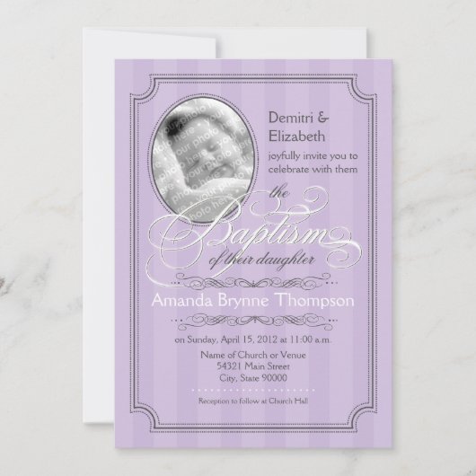 Striped Baptism Invitation (Lavender) Kaart (Voorkant)