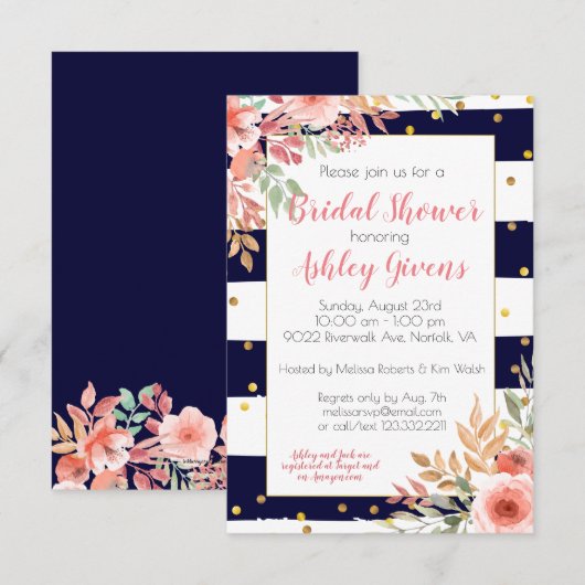 Striped Confetti Floral Bridal Shower Invitation Kaart (Voorkant / Achterkant)