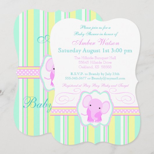 Striped Elephant Baby Girl Shower Invitation Kaart (Voorkant / Achterkant)