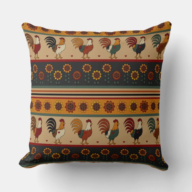 Striped Floral Rooster Pillow Kussen (Voorkant)