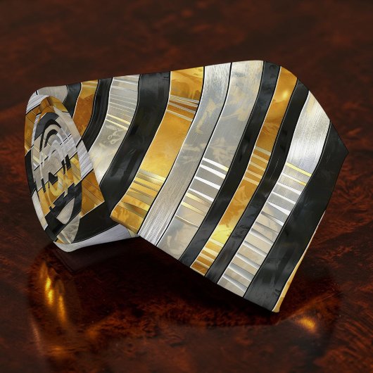Striped Gold, Black, Silver Necktie Stropdas