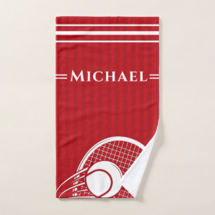 Striped Intense Red Tennis Racket & Ball Elegant Handdoek
