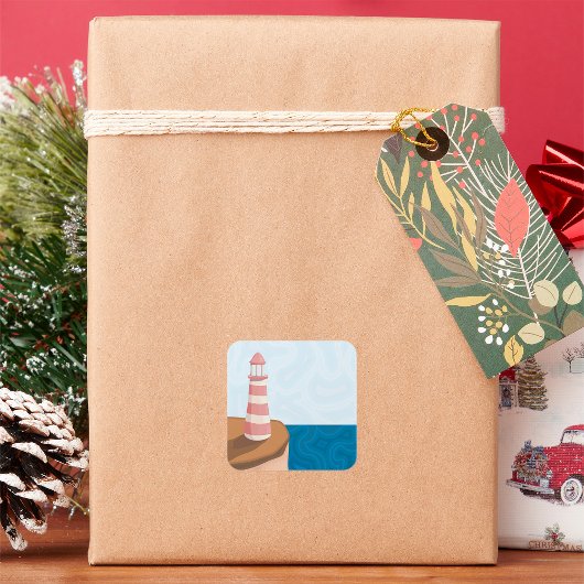 Striped Lighthouse Landscape Square Sticker