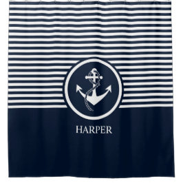 Striped, Modern, Nautical, Elegant, Monogram Douchegordijn
