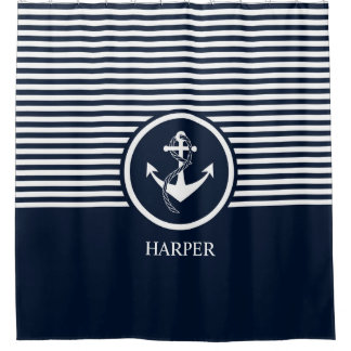 Striped, Modern, Nautical, Elegant, Monogram Douchegordijn