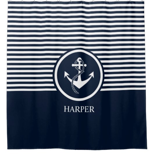 Striped, Modern, Nautical, Elegant, Monogram Douchegordijn (Voorkant)