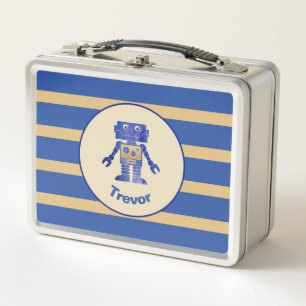 Striped Monogrammed Blue Gold Robot met naam