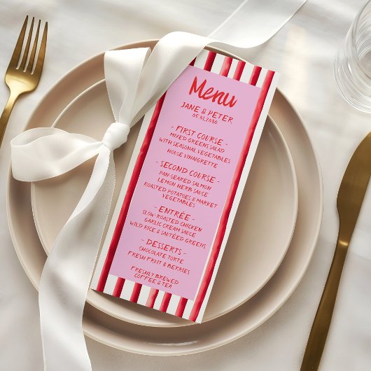 Striped Pink & Red Handwriting Wedding Menu