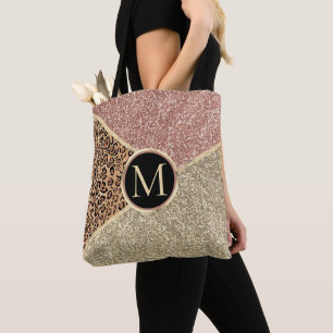 Striped Roos Gold Glitter Leopard Monogram Draagtas