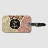 Striped Roos Gold Glitter Leopard Monogram Naam Bagagelabel (Voorkant (horizontaal))