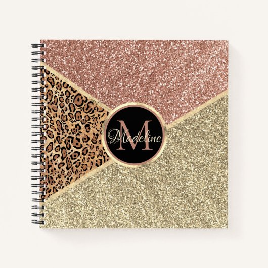 Striped Roos Gold Glitter Leopard Monogram Notitieboek (Voorkant)