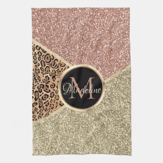 Striped Roos Gold Glitter Leopard Monogram Theedoek (Verticaal)