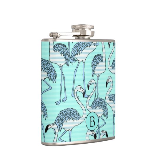 Striped Turquoise Flamingos Pattern Monogram Heupfles (Rechts)