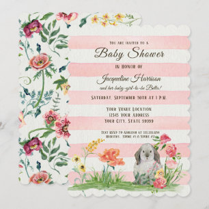 Striped Woodland Lop Ear Rabbit Girl Baby shower Kaart
