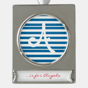 Stripes   Blauw & Wit      Verzilverd Banner Ornament