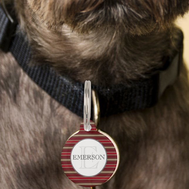  Stripes Burgundy Red Tan White Huisdierpenning (Vintage Stripes Burgundy Red Tan White Custom Pet ID Tag)
