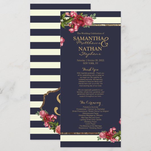 Stripes de la Marine rose et programmes de mariage (Devant / Derrière)