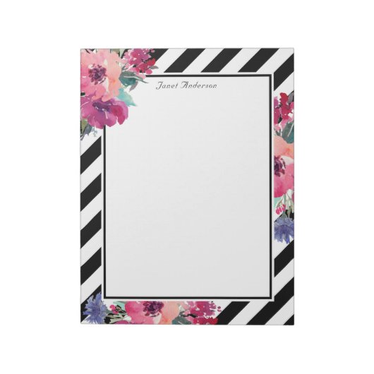 Stripes en Floral Pattern met Jouw naam Notitieblok (Gedraaid)