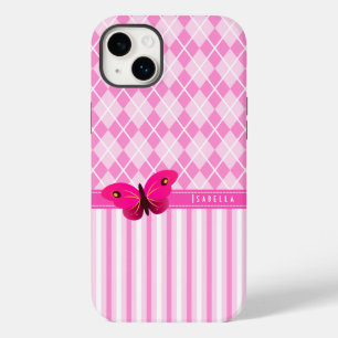 Stripes en roze argyle patroonvlinder duurzaam Case-Mate iPhone 14 plus hoesje