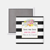 Stripes en roze bloemen bruiloft Sla de datum op Magneet (Voorkant / Achterkant)