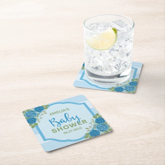 Stripes en Rozen Blue Boy Baby shower Vierkante Kartonnen Onderzetter (Insitu)