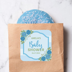 Stripes en Rozen Blue Boy Baby shower Vierkante Sticker