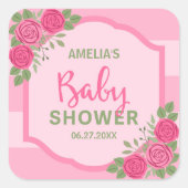 Stripes en Rozen Roze Baby shower Vierkante Sticker (Voorkant)