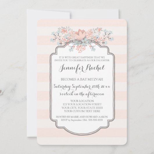 Stripes Floral Bat Mitzvah Uitnodigingen (Achterkant)