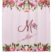Stripes Floral Garden Pink Aangepaste monogram Naa Douchegordijn (Voorkant)