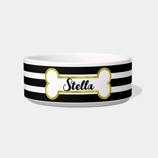 Stripes & Gold Bone Gepersonaliseerd Pet Bowl | Zw Voerbakje (Voorkant)
